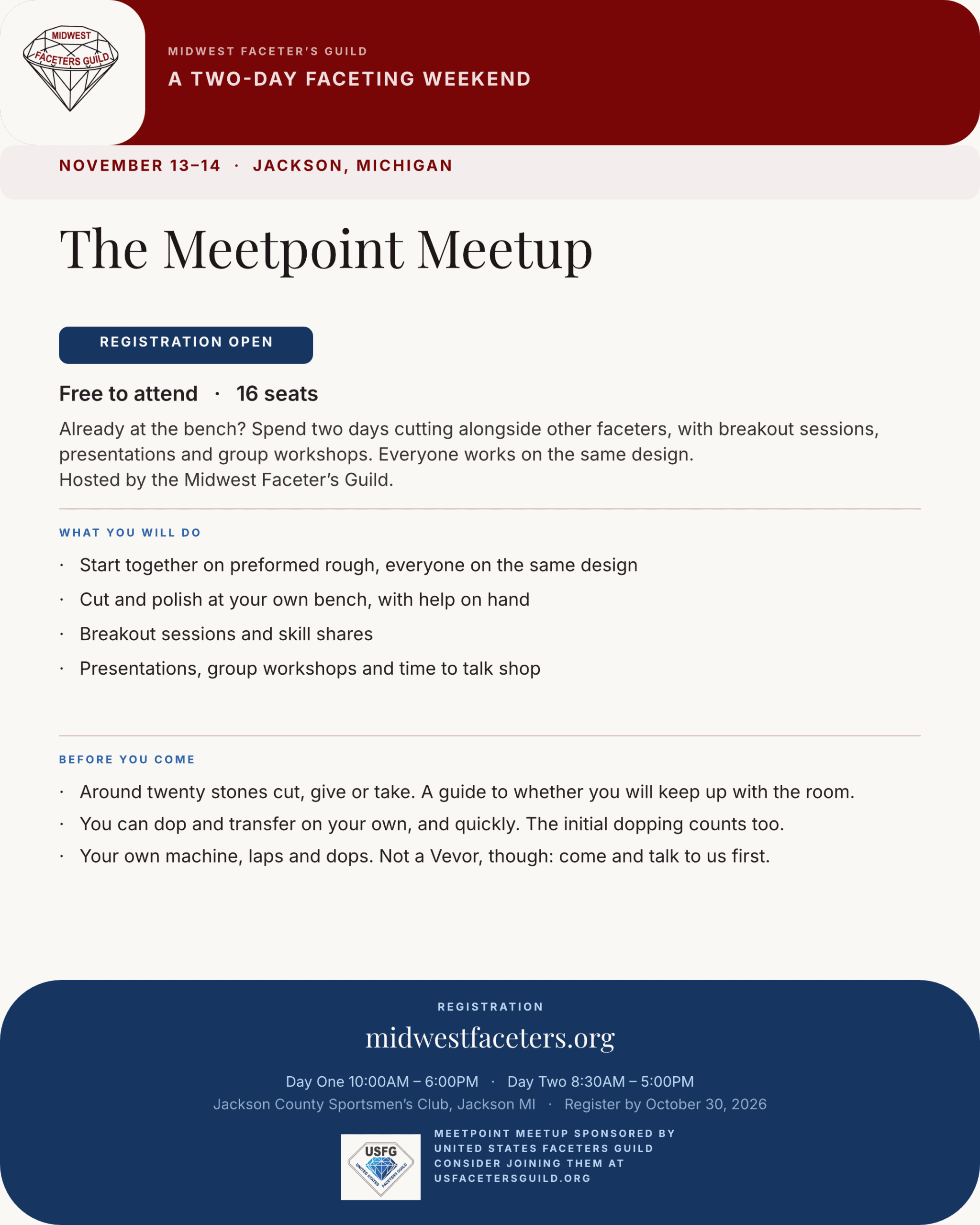 Poster for the Meetpoint Meetup, November 13 to 14, 2026, Jackson County Sportsmen's Club, Jackson Michigan. Free to attend, 16 seats.